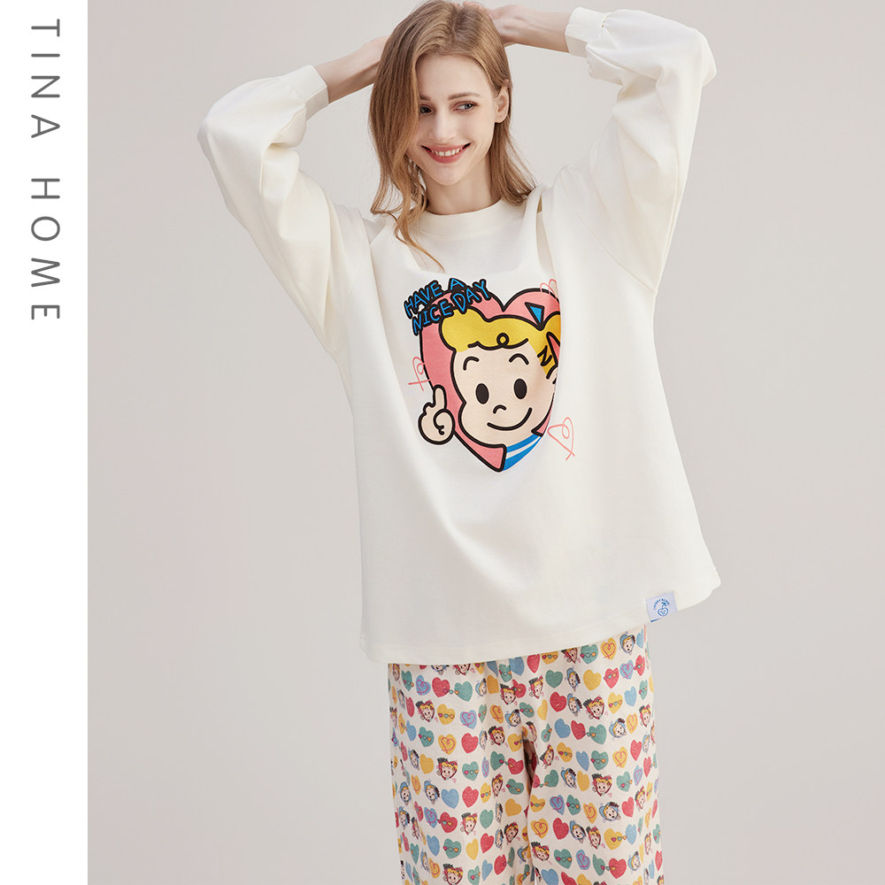 春秋ins爱心原田男孩女孩卫衣t恤休闲宽松睡衣卡通可爱显瘦家居服