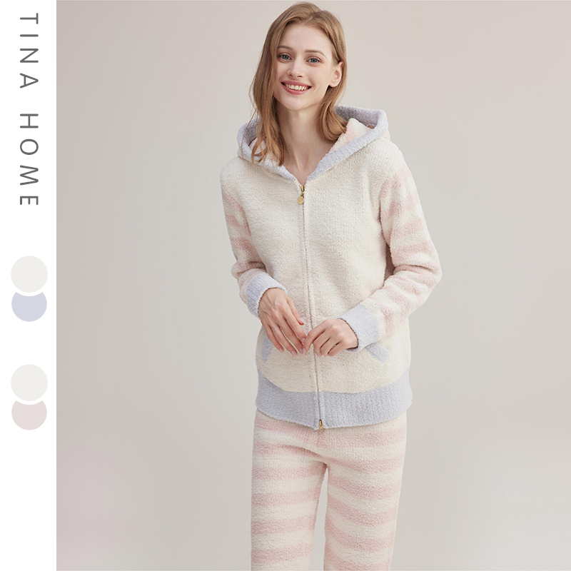 女半边绒条纹家居服日系软绵绵
