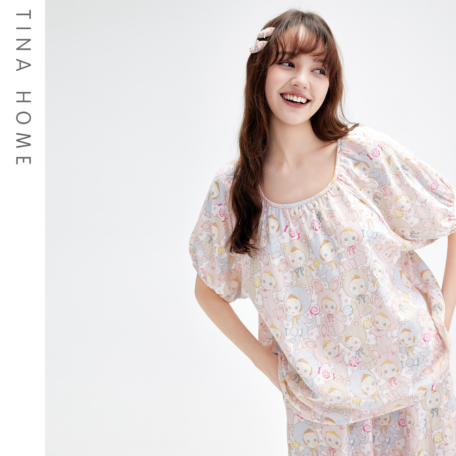 夏季可爱娃娃印花女短袖睡衣套装