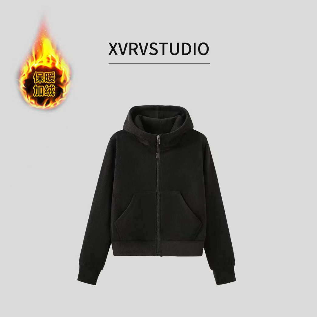 2025新款休闲连帽拉链卫衣女加绒保暖双面奥粒绒宽松百搭减龄上衣