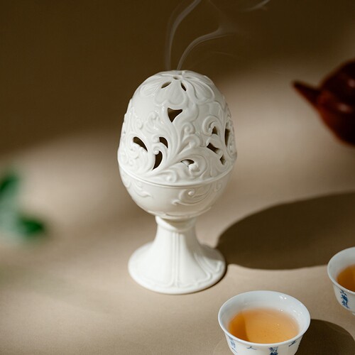 中式古镂空高足香炉定窑白幽影香薰炉香道配件高档家居摆件