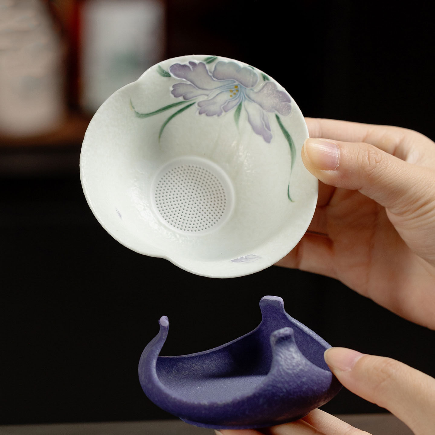 火石红暮云紫手绘鸢尾花仿古陶瓷家用茶漏组茶道配件茶渣过滤