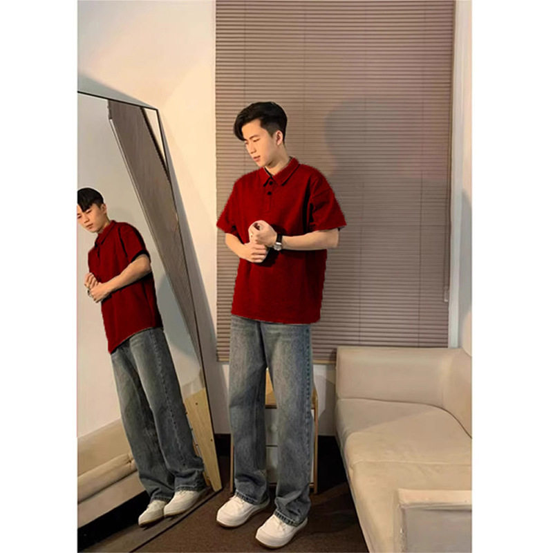 枫叶红polo衫男感痞帅衬衣领短袖夏季显白酒红色有领T恤潮牌