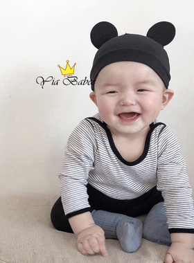 韩国可爱超萌春秋婴儿男宝宝帽子儿童纯棉套头帽米老鼠护耳帽新生