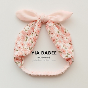 婴儿女宝宝韩版碎花兔耳朵发箍女童可爱蝴蝶结头饰满月小童发饰