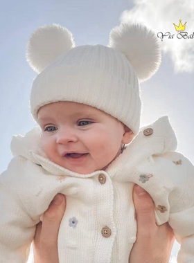 ins秋冬新款宝宝毛线套头双毛球针织帽婴幼儿保暖多色抽条套头帽