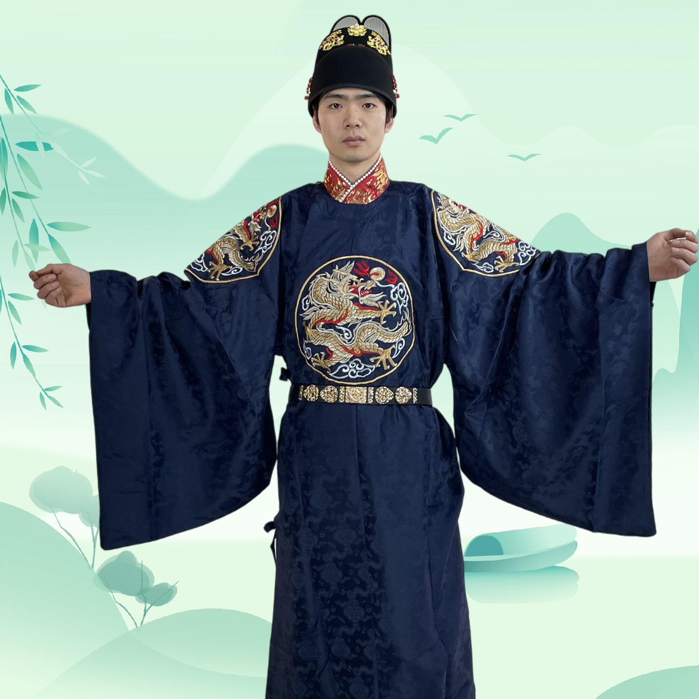 明制圆领袍男士汉服蓝色中式婚服宽松大襟四团龙纹补服曳撒装春夏