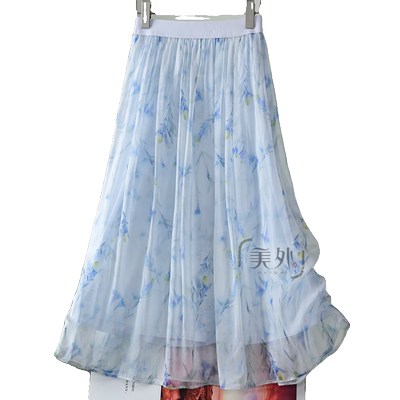 浅蓝色碎花真丝半身裙女夏2025高腰显瘦a字垂感长裙桑蚕丝新款