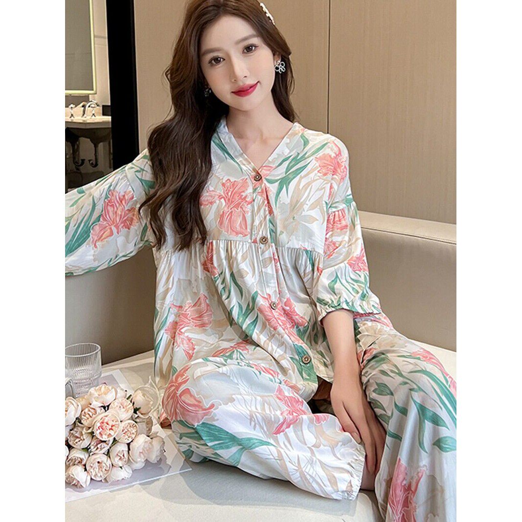 棉绸睡衣女春夏季七分袖薄款宽松大码人造棉开衫家居服套装可外穿