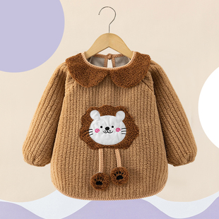 小童冬季保暖围裙宝宝吃饭防水加厚加绒反穿衣男女孩洋气外穿罩衫