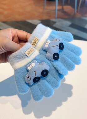 1-2岁3宝宝五指手套儿童冬季保暖男童卡通汽车婴幼儿分指冬天防寒