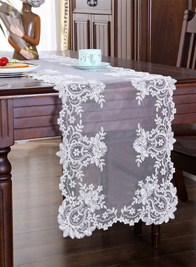 欧式纯白色蕾丝桌旗电视柜盖布美式餐桌旗 ins长条桌布装饰茶几垫