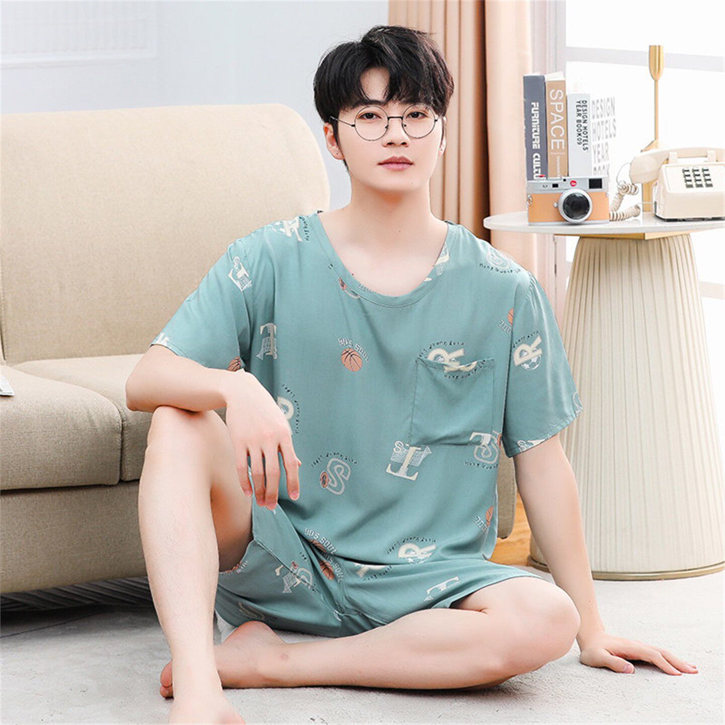 夏季青年男士棉绸睡衣套装