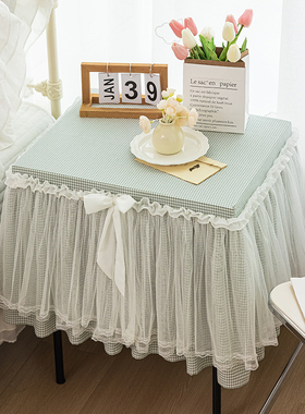 新款床头柜盖巾绿色格子家用卧室床头柜防尘罩保险柜蕾丝盖布罩