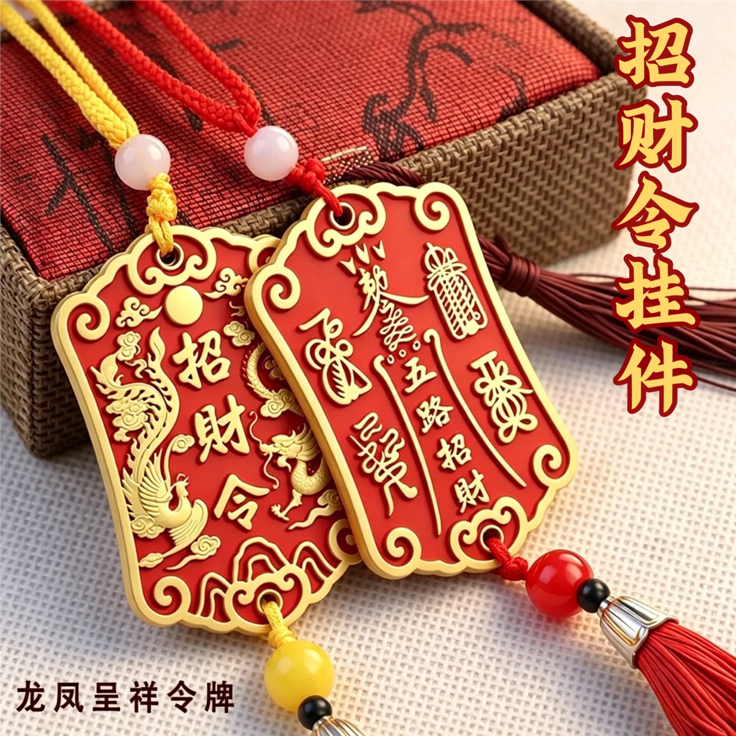 黄铜朱砂五路财神令牌吊坠