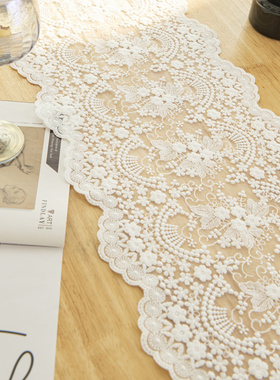 法式白色立体绣花蕾丝桌旗婚礼甜品台钢琴装饰长方形纱茶几布盖巾