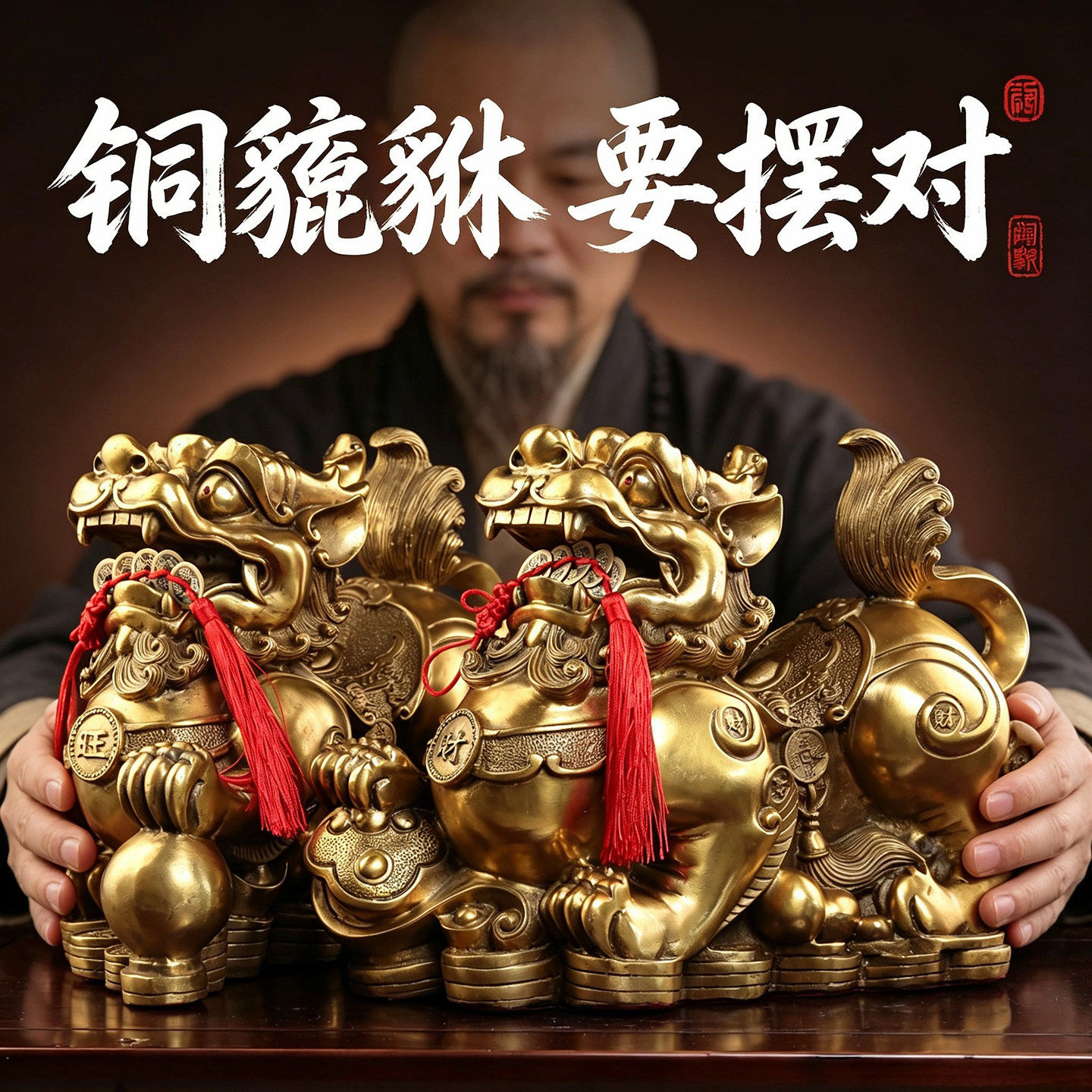 铜貔貅招财摆件一对纯黄镇