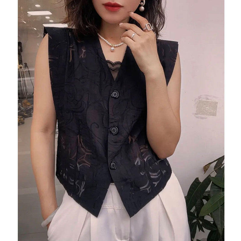 短款马甲衬衣女2025新款夏休闲韩版时尚提花设计小衫通勤百搭上衣