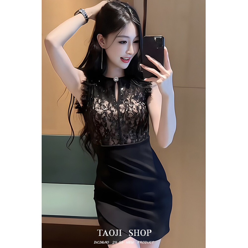 性感蕾丝拼接无袖连衣裙女夏季新款轻奢风气质修身显瘦包臀短裙子