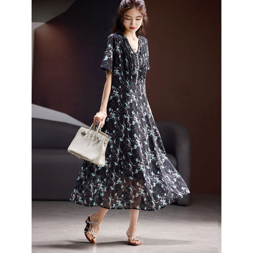 素木时尚V领印花雪纺连衣裙女2025年夏季新款A字长裙欧货大码女装
