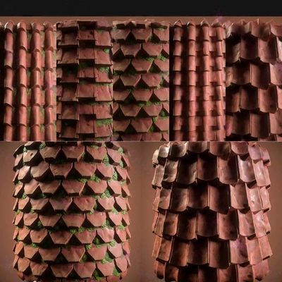 5种Substance Designer风格化陶瓷屋顶苔藓藻类瓦片瓷砖SD材质sbs