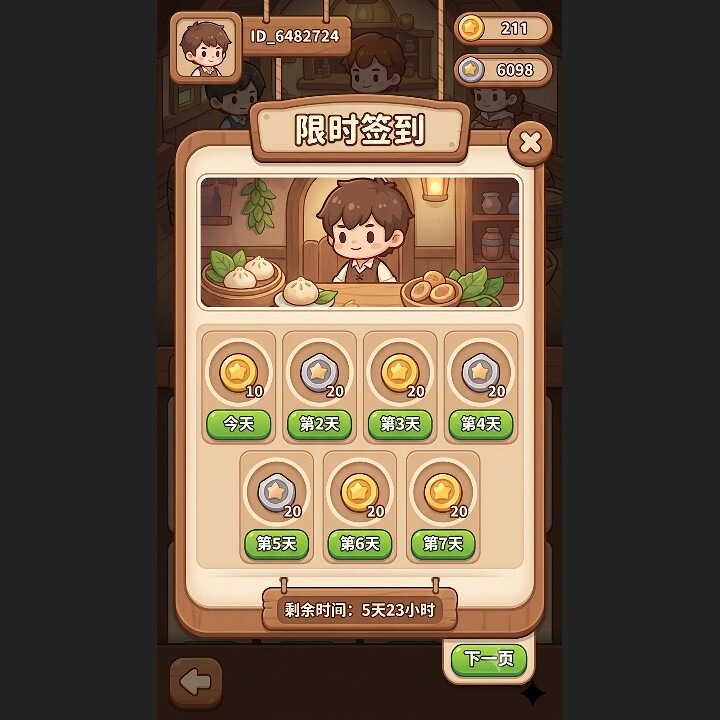Q版手绘可爱餐厅经营木质风GUI界面签到活动弹窗UI设计美术素材