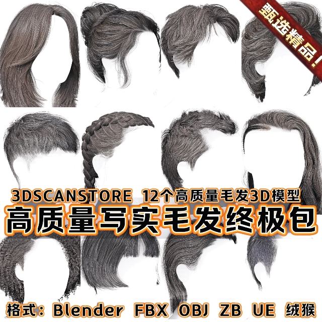 12款高质量帅哥美女地中海头发插片毛发多种格式模型3DScanStore