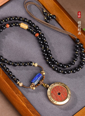 新中式黑檀木藏式吊坠绳民族风复古山鬼花钱吊坠项链脖挂唐卡佛牌