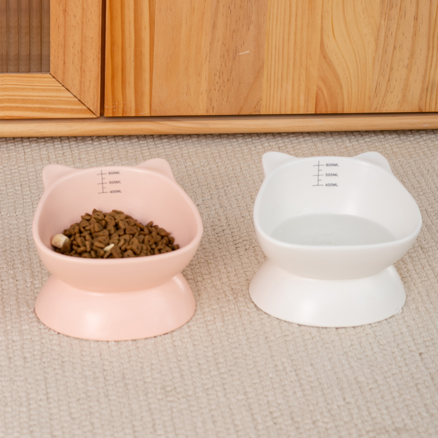 创意猫脸高脚碗纯色带刻度宠物碗陶瓷猫碗狗碗防打翻水碗护颈食盆