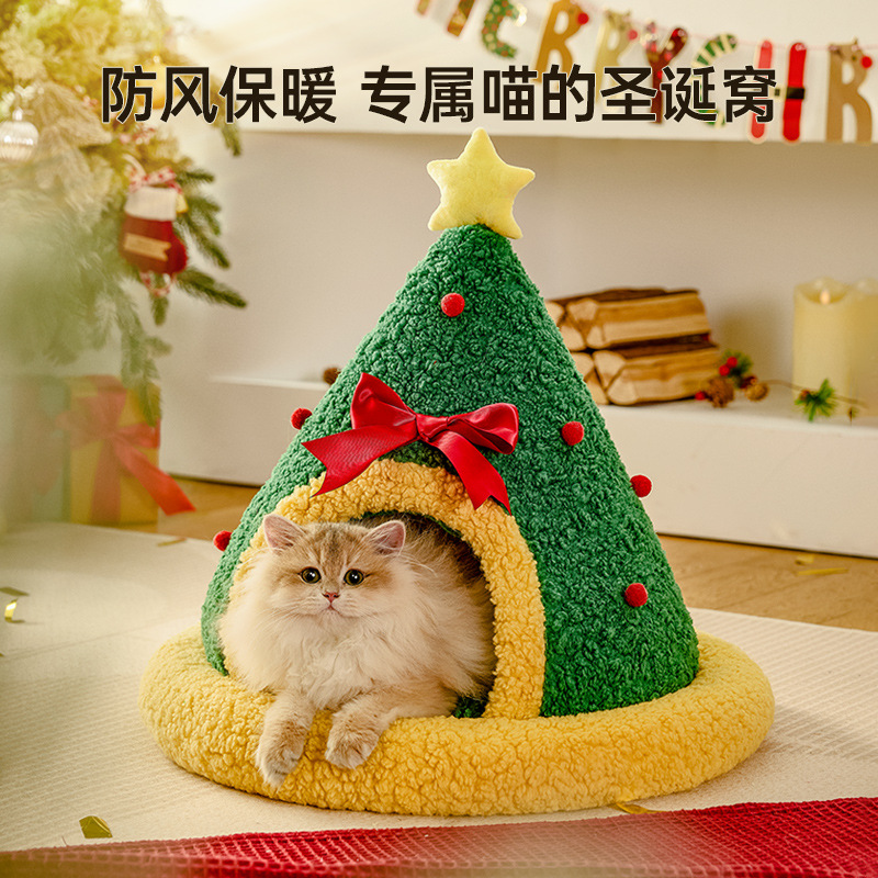 圣诞猫窝冬季保暖猫窝睡眠半封闭圣诞节狗窝袜子宠物窝跨境批发