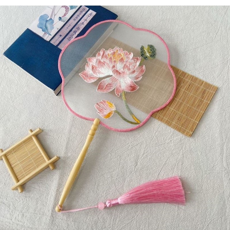 六一儿童节胭脂妆舞蹈团扇刺绣古风古典舞团扇中国风汉服半透扇子