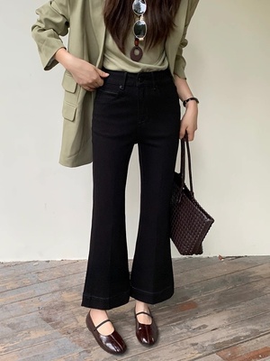 Kabodo85679牛仔裤女巴布2025秋季新款喇叭裤黑色高腰九分微喇裤