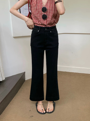 Kabodo85303卡布牛仔裤女2025夏薄款高腰黑色冰丝直筒九分微喇裤