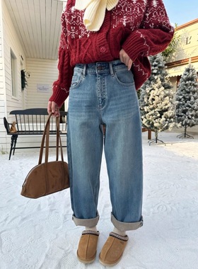 卡布Kabodo86128A加绒牛仔裤女2025冬新款萝卜裤植绒高腰老爹裤