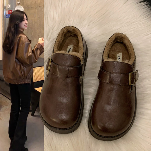 厚底全包勃肯鞋女2025新款冬乐福小皮鞋加绒加厚保暖鞋靴1221w