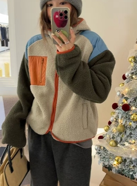 实拍！韩系秋冬毛茸茸色块拼接撞色摇粒绒连帽宽松防风外套10171