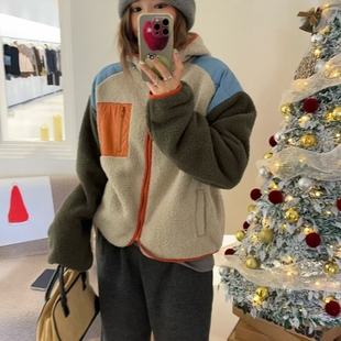实拍 韩系秋冬毛茸茸色块拼接撞色摇粒绒连帽宽松防风外套10171