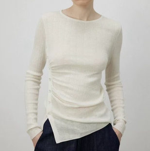 针织衫 实拍 羊毛浮雕肌理感圆领斜扣开叉修身 新款 09082 韩系秋季