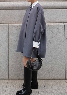 实拍日系高定秋冬松本惠奈ins风复古撞色翻领中长款休闲衬衫上衣