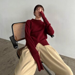 实拍！日系高定冬新款松本气质圆领加长袖薄款保暖全羊毛针织衫女