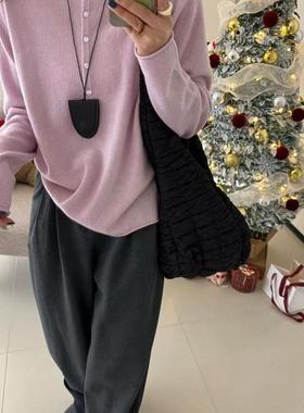 实拍！韩系冬新简约休闲款扭扣亨利领纯色羊毛针织衫薄毛衣12161