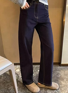 实拍！韩系秋新品深蓝超弹斜纹直筒牛仔裤百搭显瘦休闲裤女09271