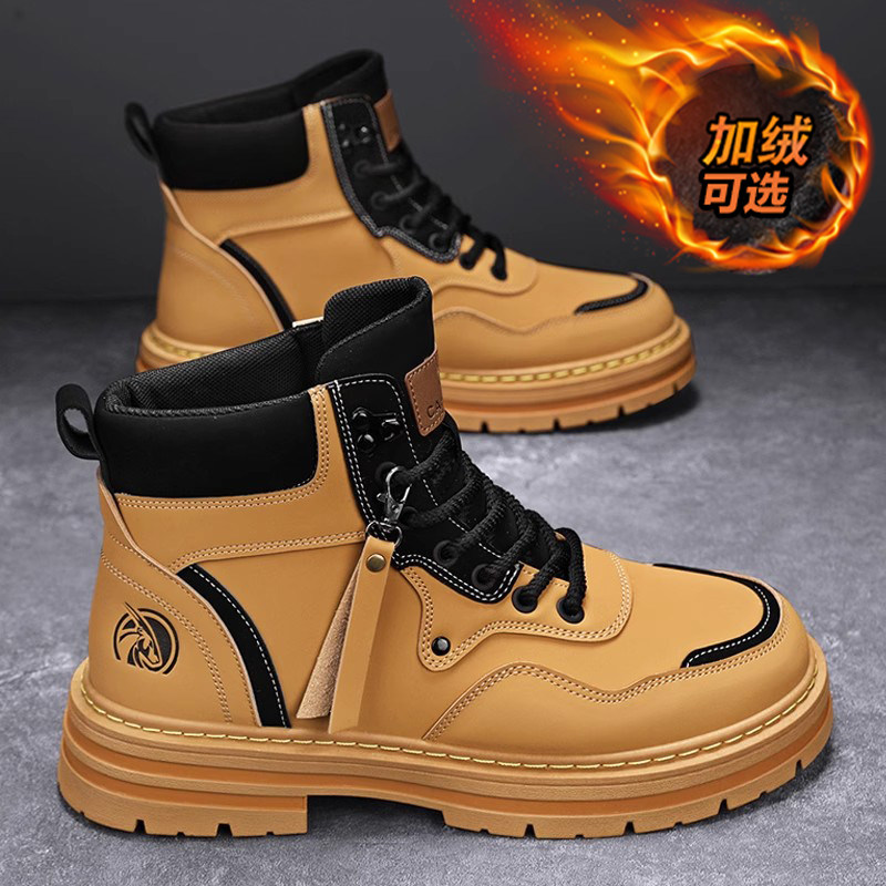 MARTIN BOOTS MENS AUTUMN AND WINTER HIGH-TOP BRITISH STYLE WORKWEAR RHUBARB BOOTS MENS FLEECE COTTON SHOES PLATFORM SOLED OUTDOOR WATERPROOF LEATHER BOOTS