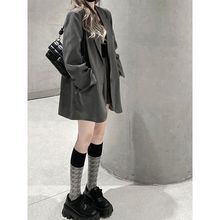韩系高级感小众竖条纹深灰色西装外套女春款宽松oversize西服大衣