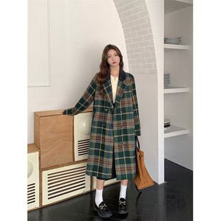 慵懒风设计感chic绿格子毛呢外套女秋季加厚复古vintage呢子大衣