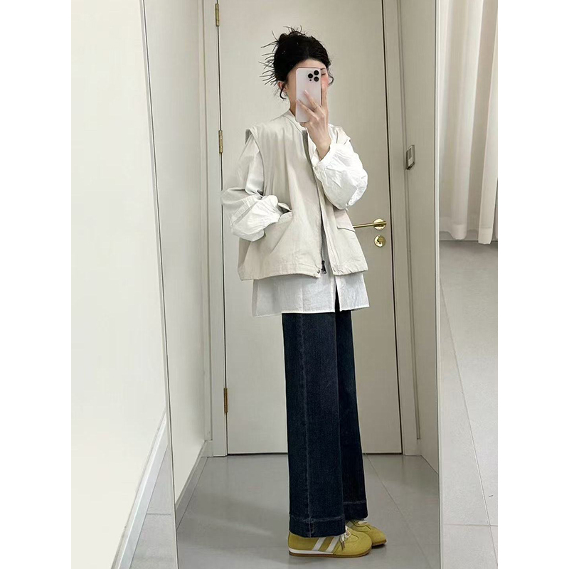 法式气质纯色长袖衬衫女秋季叠穿宽松显瘦百搭拉链马甲时尚两件套