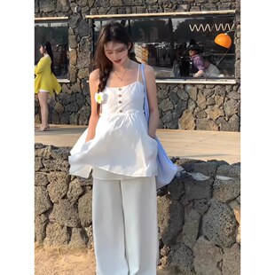 清纯系氛围松弛感穿搭海边度假风吊带上衣女2025夏季休闲裤子套装