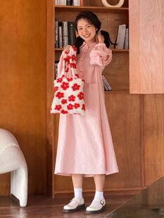 少女恋爱蜜桃粉色衬衫连衣裙女春季2023新款甜美日系宽松显瘦裙子