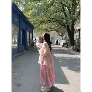 两件套 粉色格子吊带连衣裙子女夏季 小套装 2025新款 外搭防晒开衫