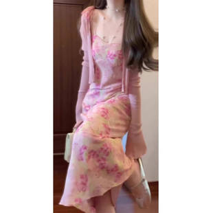 碎花吊带连衣裙外搭开衫 韩系法式 防晒独特海边度假绝美裙子两件套